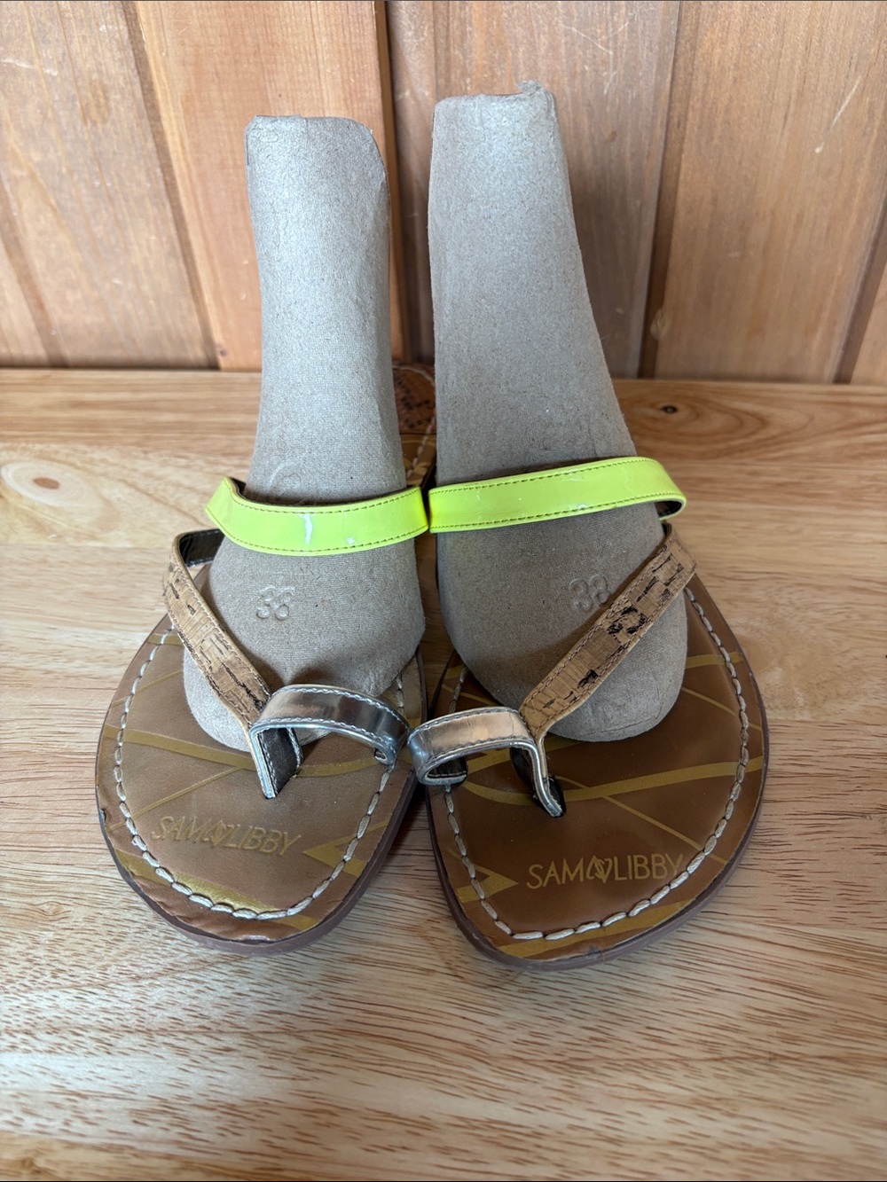 Sam & Libby Neon Yellow and Cork-Pattern Thong Sandals